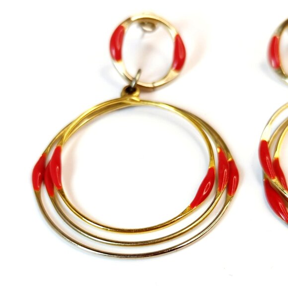 Vintage Gold-Tone Triple Hoop Earrings With Red Enamel Accents - Picture 4 of 5